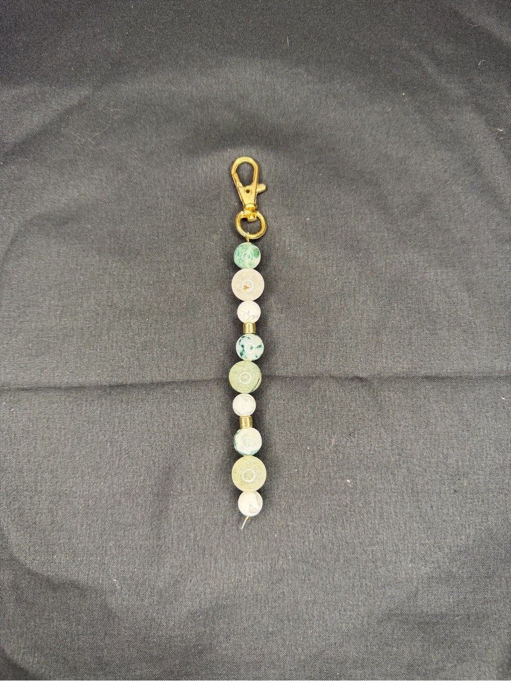 Beaded Green Stone Keychain Charm with Gold Clip